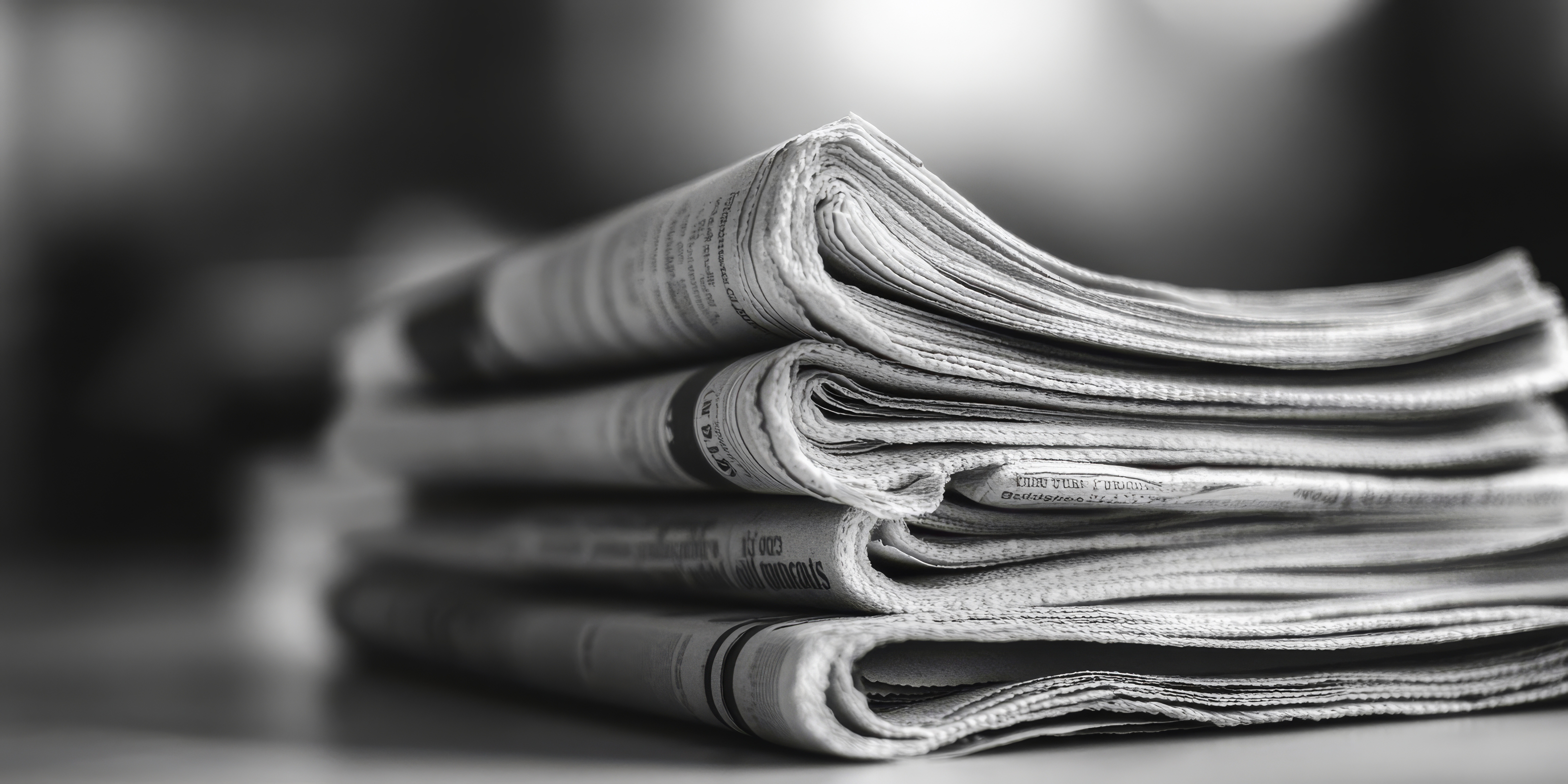 Black and white close-up of a stack of folded newspapers.