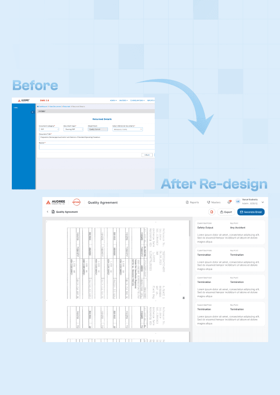 Qulaity Agreement software before and adter redesign screens