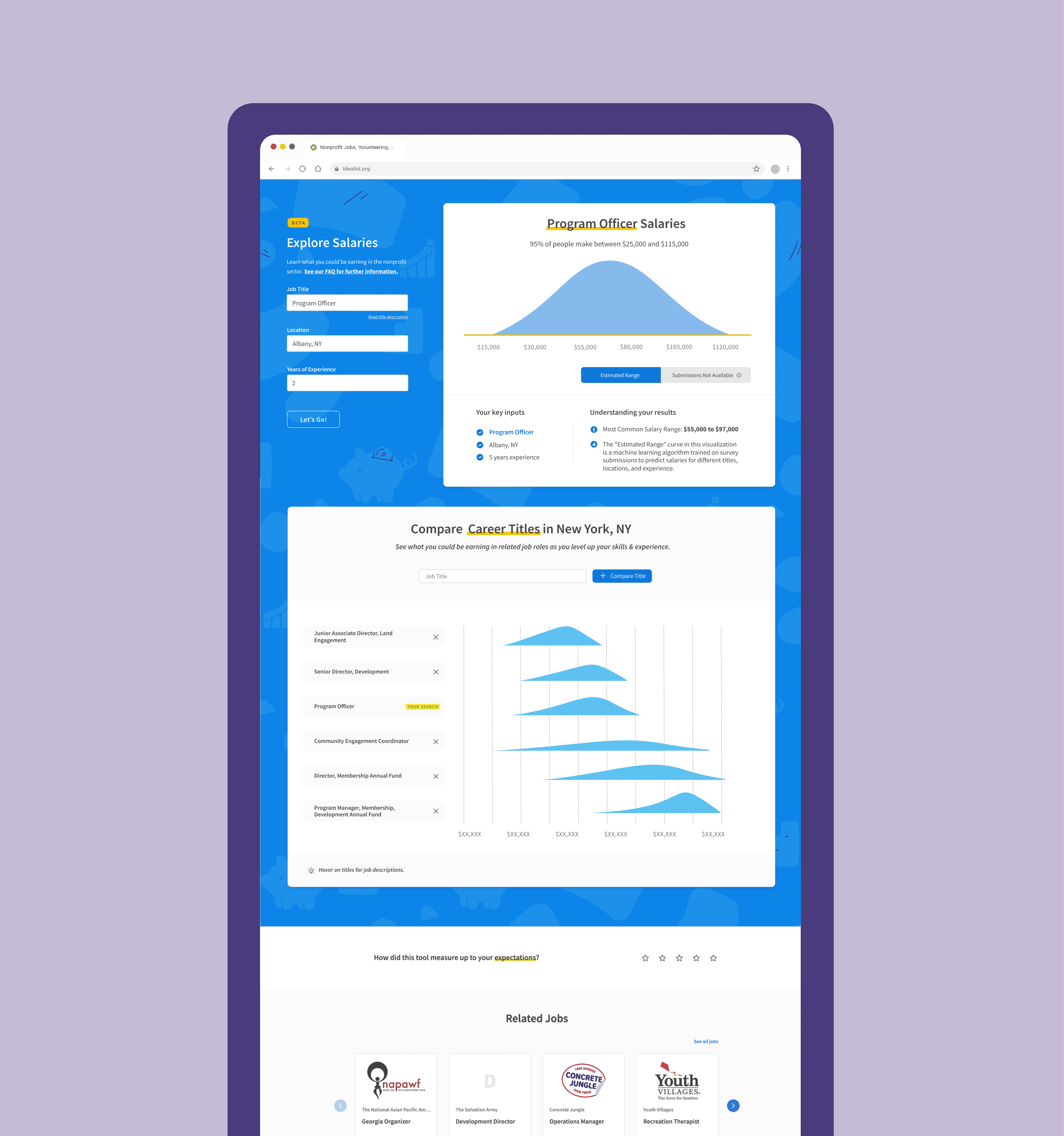 Screens showing the Salary Explorer tool with salary distribution charts and filters for job title, location, and experience.