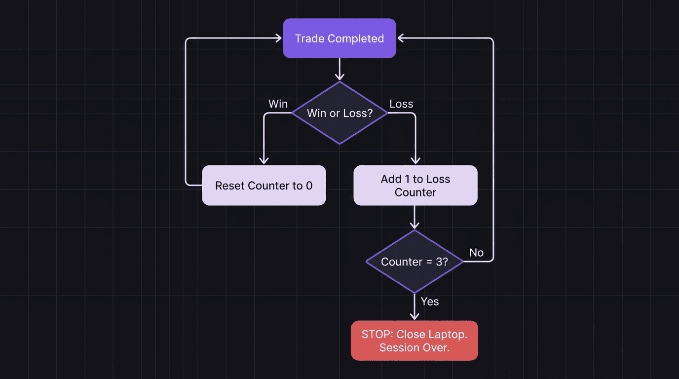 Flowchart showing the three loss rule decision process from trade result to stop or continue