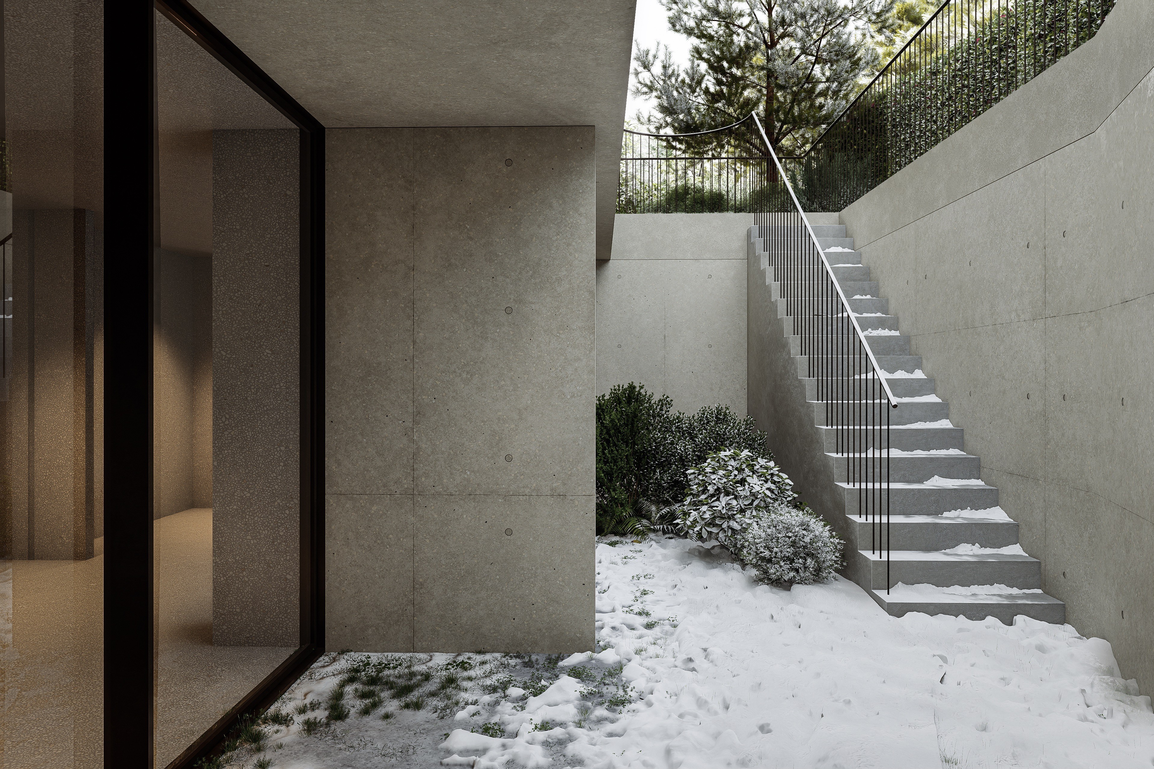 Child walking on a wooden beam with a large tree and swing nearby in a courtyard of modern wooden houses, while another person adjusts a bicycle.