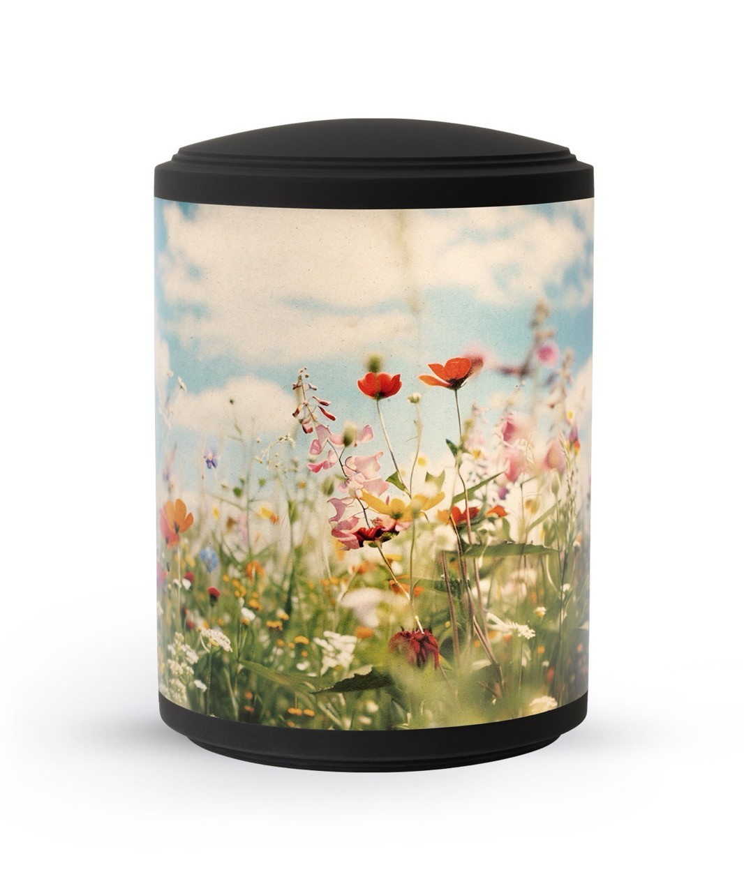Urne 6851: Edition Ventura, Samtton schwarz, Band aus Pflanzenfasern, PEKA Motive Blumenwiese