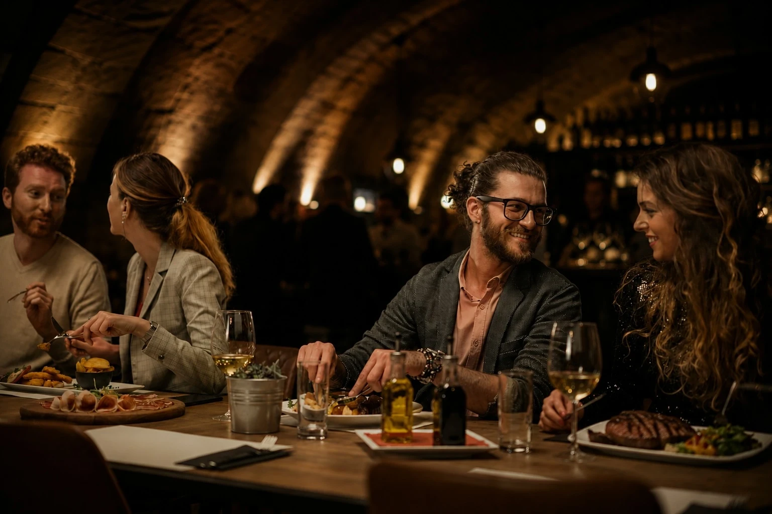 Gäste an einer langen Tafel im warm beleuchteten Gewölbekeller, davor Steak und Vesperplatte