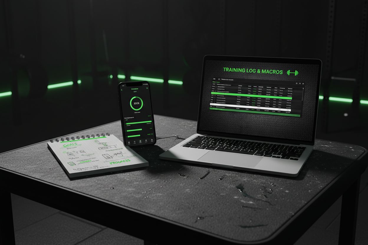 Teléfono, cuaderno y hoja de cálculo para registrar entrenamientos