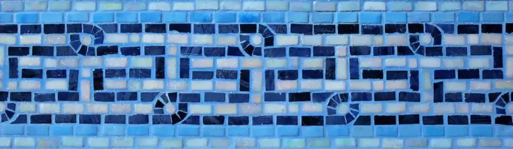 Meander with Rosettes mosaic border, Navy on iridescent pale, hand-cut — reference H-12, Mosaiclegs Art Studio