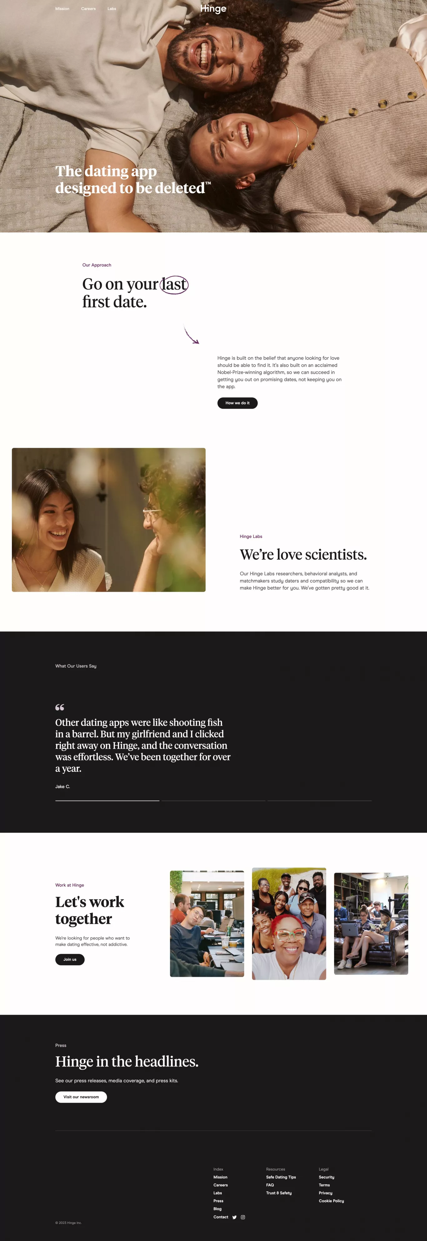 Hinge Not-so FAQ: Queer dating advice landing page screenshot showcasing Tech design