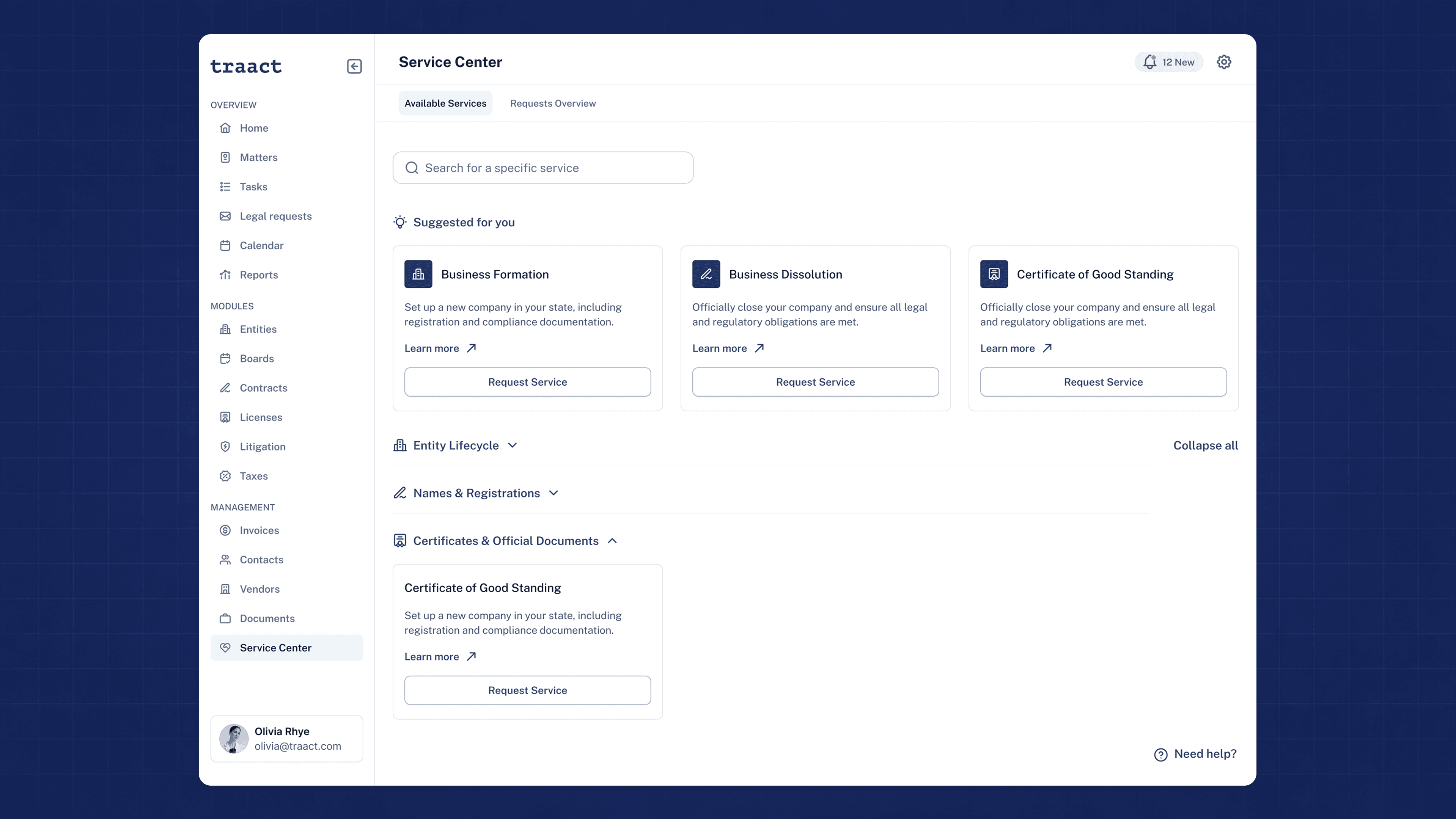 The Service Center, with legal services grouped by category and a Suggested for you section.