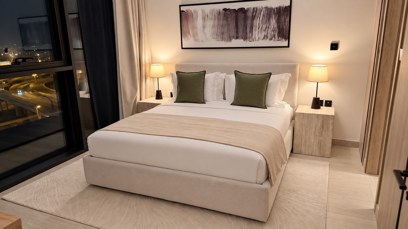 Bedroom furnished by alto, lit for the evening