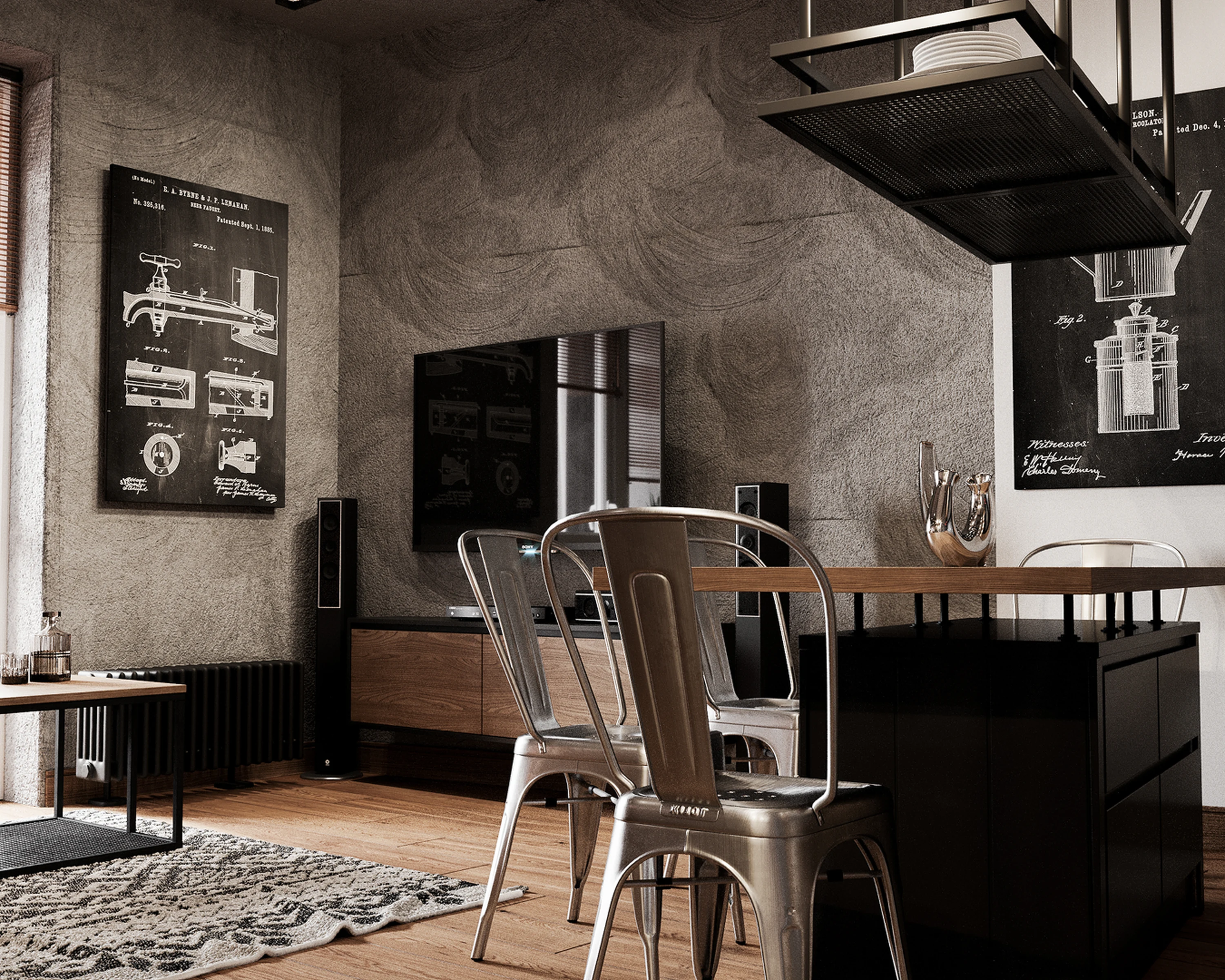 Détail — tablette en bois et verrerie.