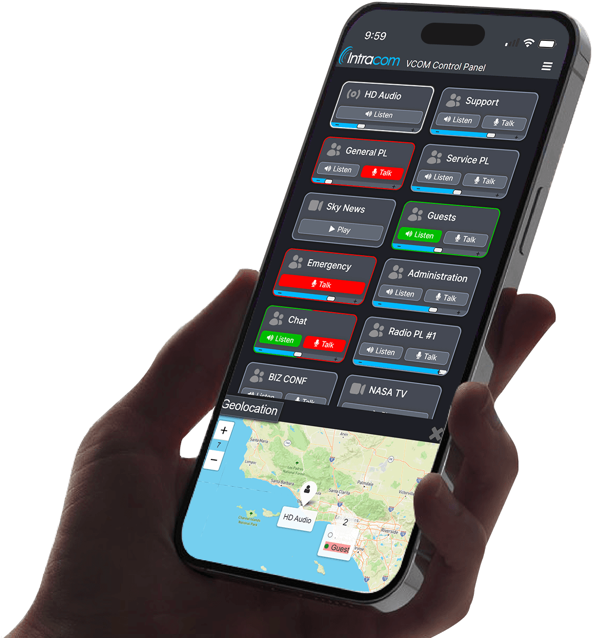 VCOM WebRTC Control Panel on an iPhone