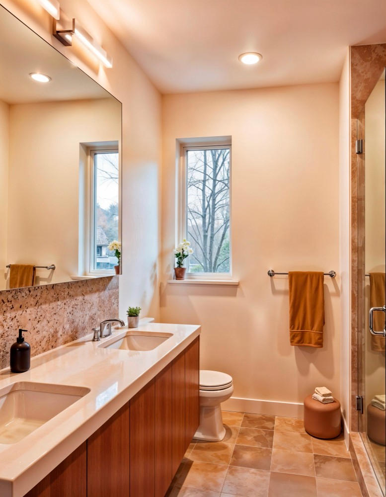 Red wooden harbor house overlooking boats, water, and snow-capped mountains.