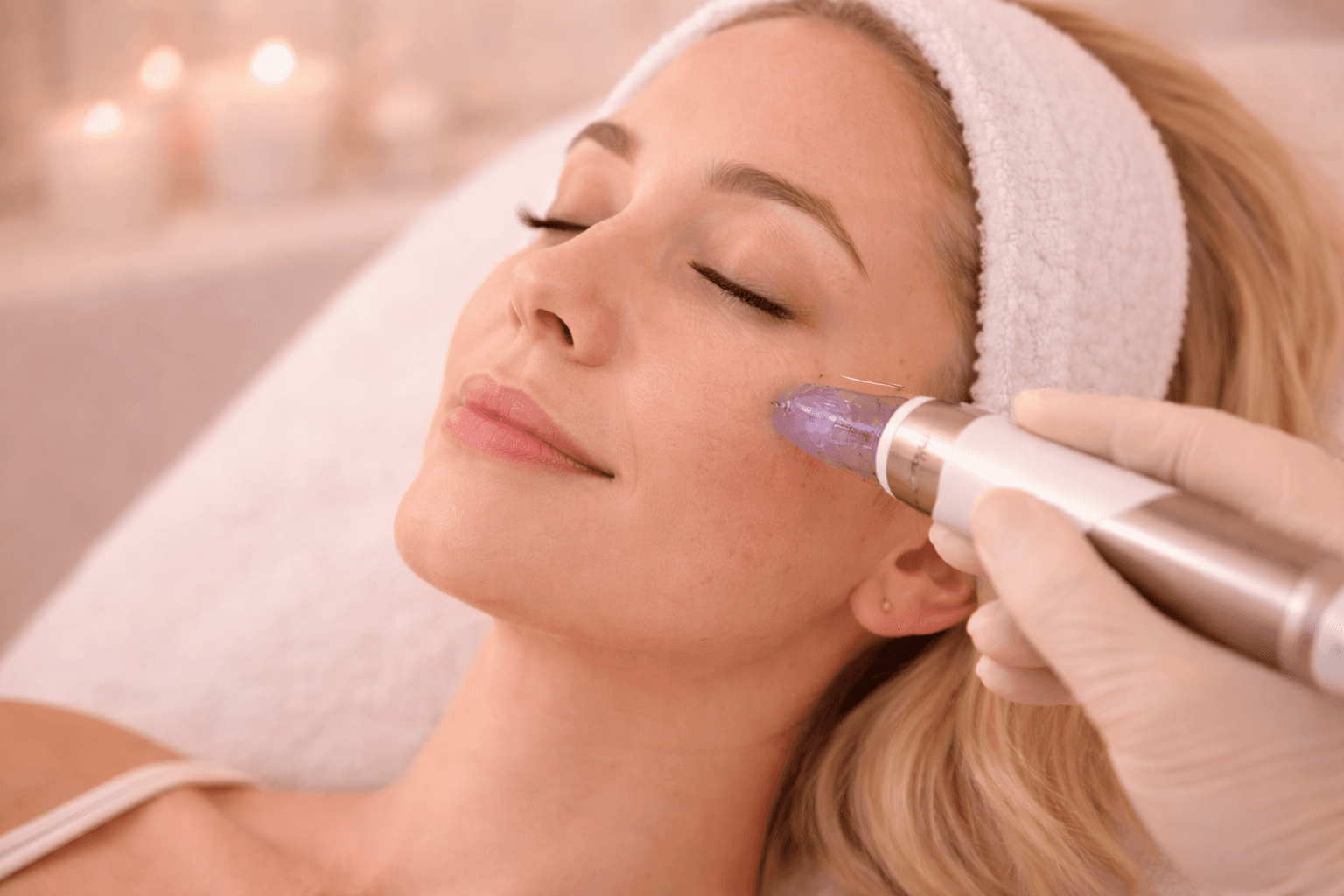 Woman in a towel applying pink under-eye gel patches while looking into a mirror on a vanity table