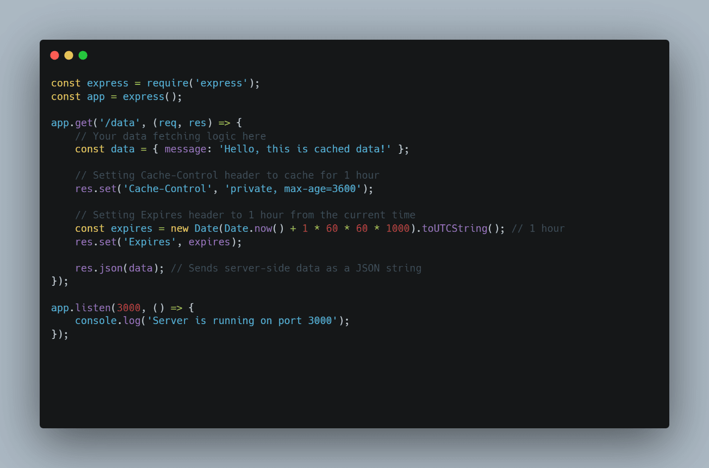 A code snippet using the expires command.