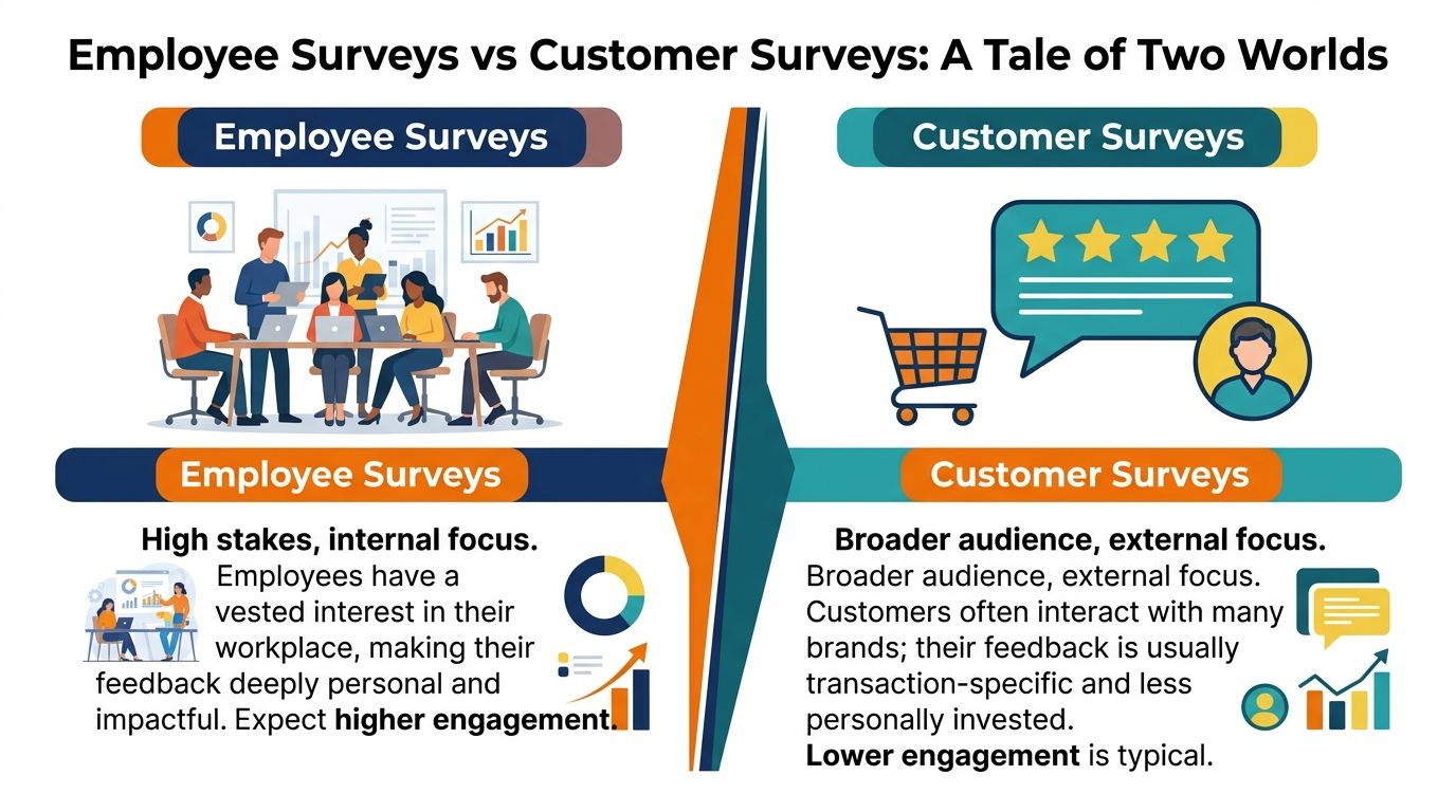 An infographic comparing employee surveys and customer surveys, highlighting differences in focus, stakes, and audience engagement levels.