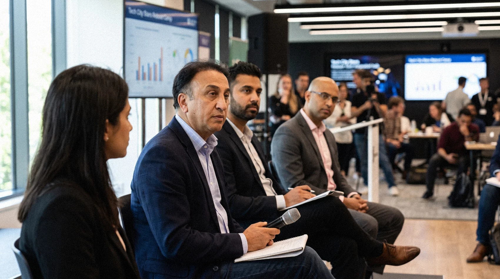 Mediareach CEO Saad Saraf on Dragons Den style panel at Tech City Stars Reboot Camp listening to youth tech pitch