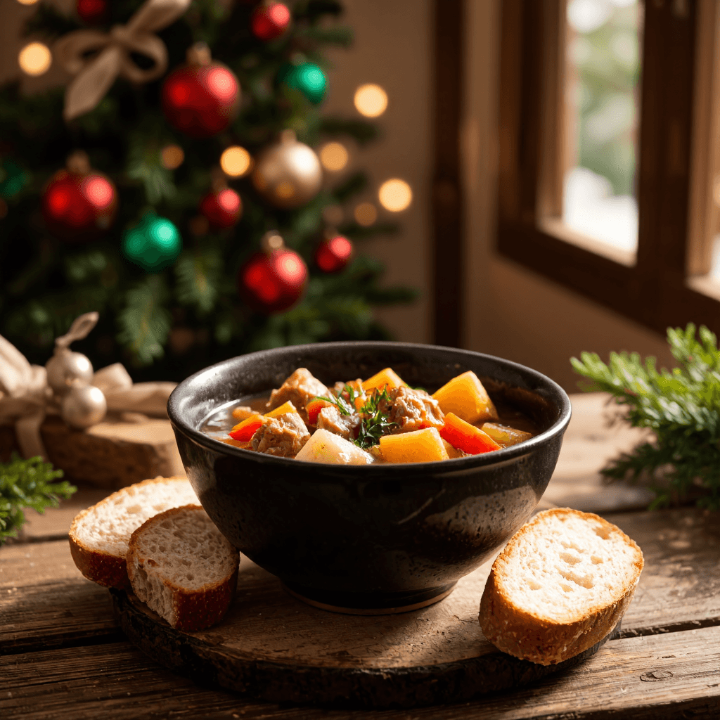 product photography of a bowl of stew with vegetables and meat, served with slices of bread
