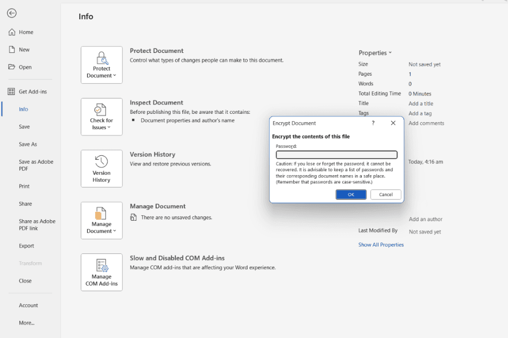 sending a password protect document using microsoft office