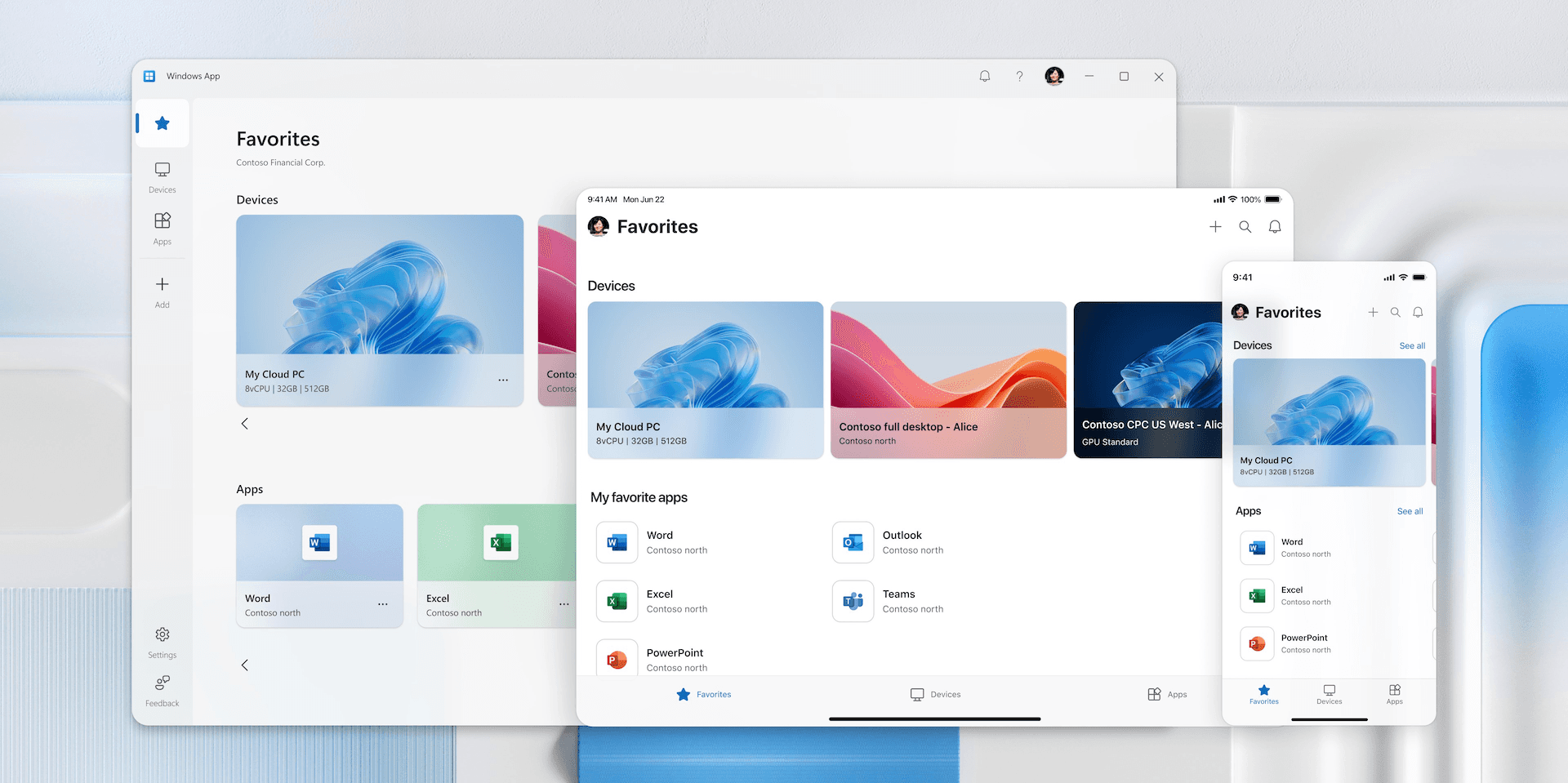 Schematische Darstellung, wie verschiedene Endgeräte (Laptop, Tablet, PC) auf einen zentralen virtuellen Desktop in der Cloud zugreifen.