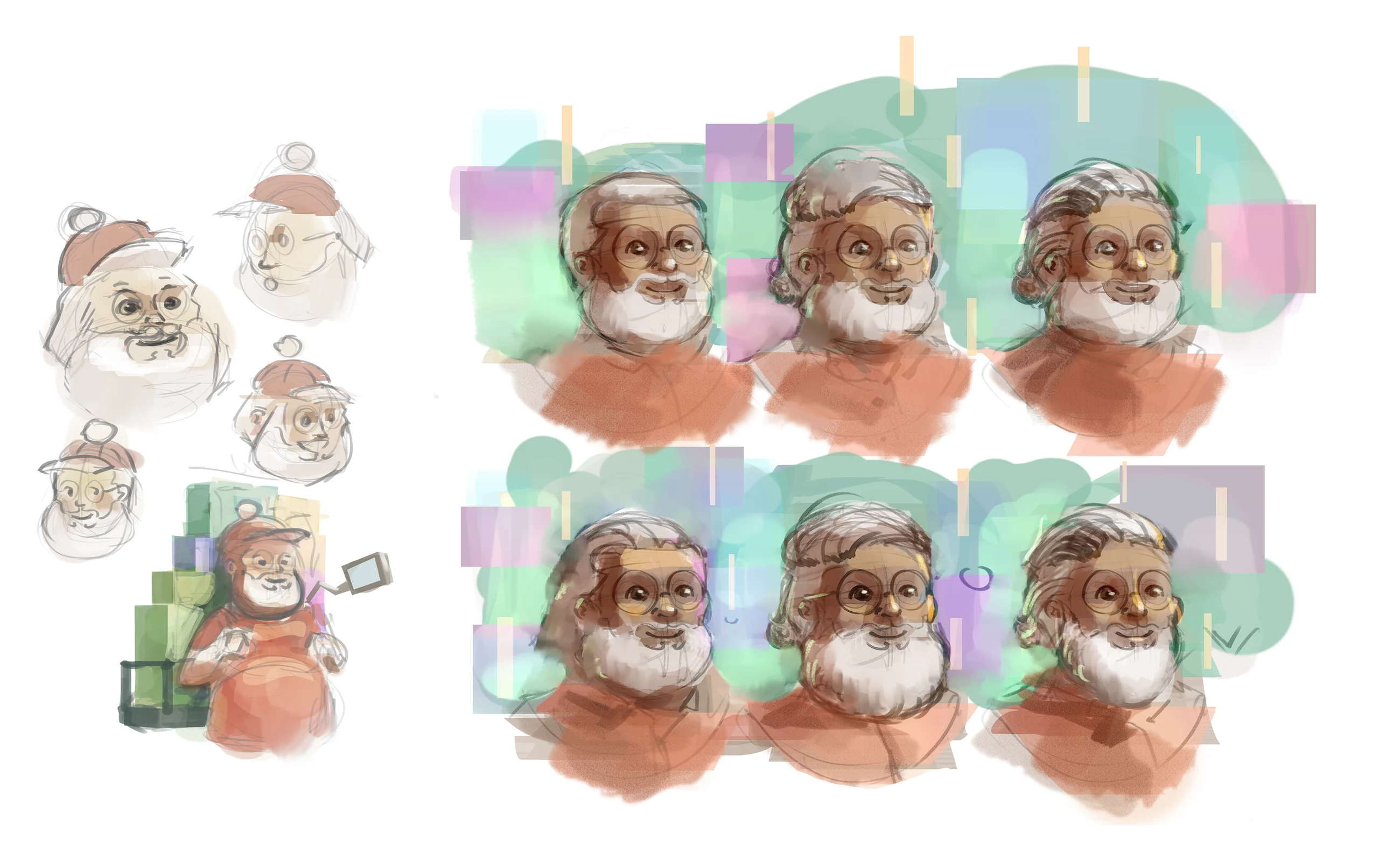 Concept sketches exploring different faces, hair and beard shapes for Gelso in 2019.