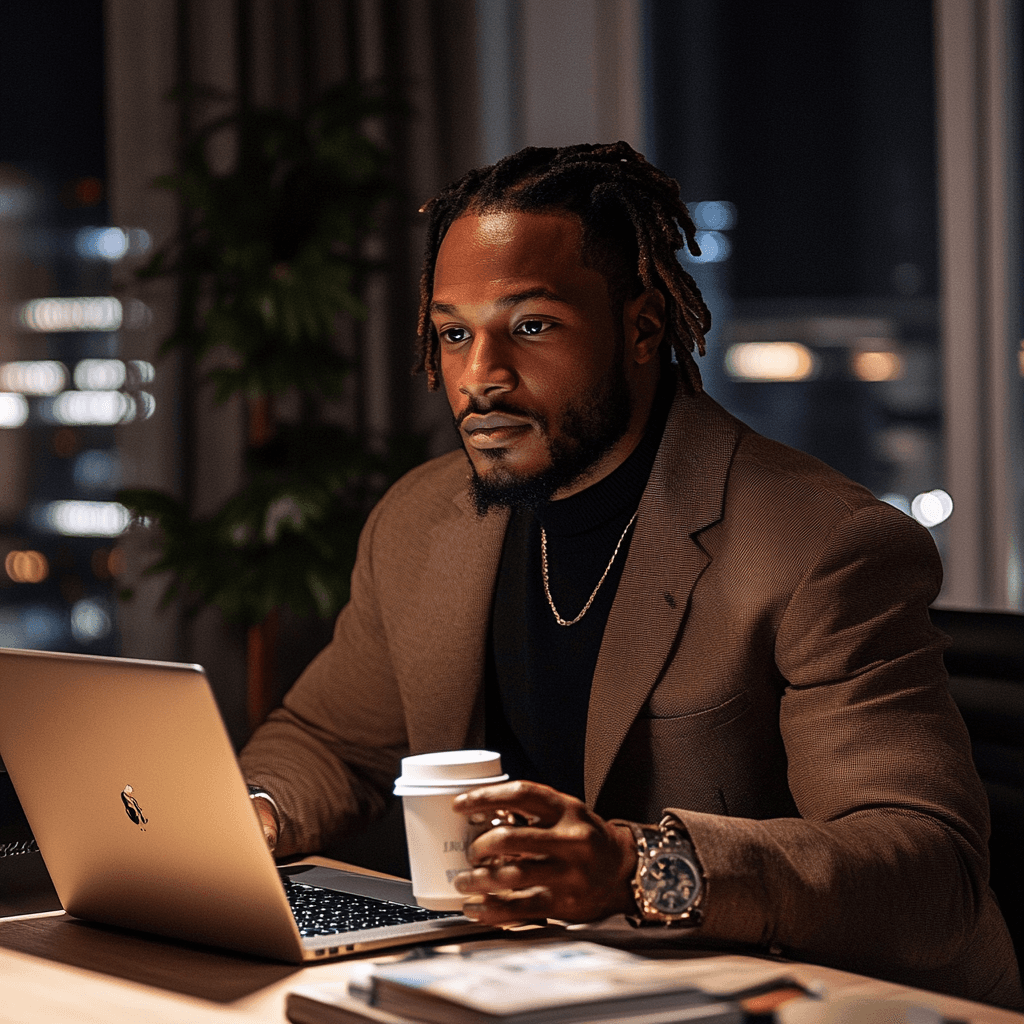 A realistic portrait of a diverse entrepreneur sitting at a desk with a laptop open, working on a business idea. The entrepreneur is holding a coffee cup in one hand and looking focused on the screen. The background features a modern, professional office setting with a minimalist design, including books, a plant, and a subtle city skyline visible through a window. The atmosphere should be calm, inspiring, and productive, with soft lighting highlighting the entrepreneur’s thoughtful expression.