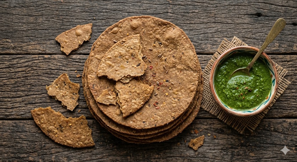 Top-down view of a stack of roasted millet khakhra, with broken pieces scattered around, served with a bowl of fresh green chutney on a burlap mat over a rustic wooden table.