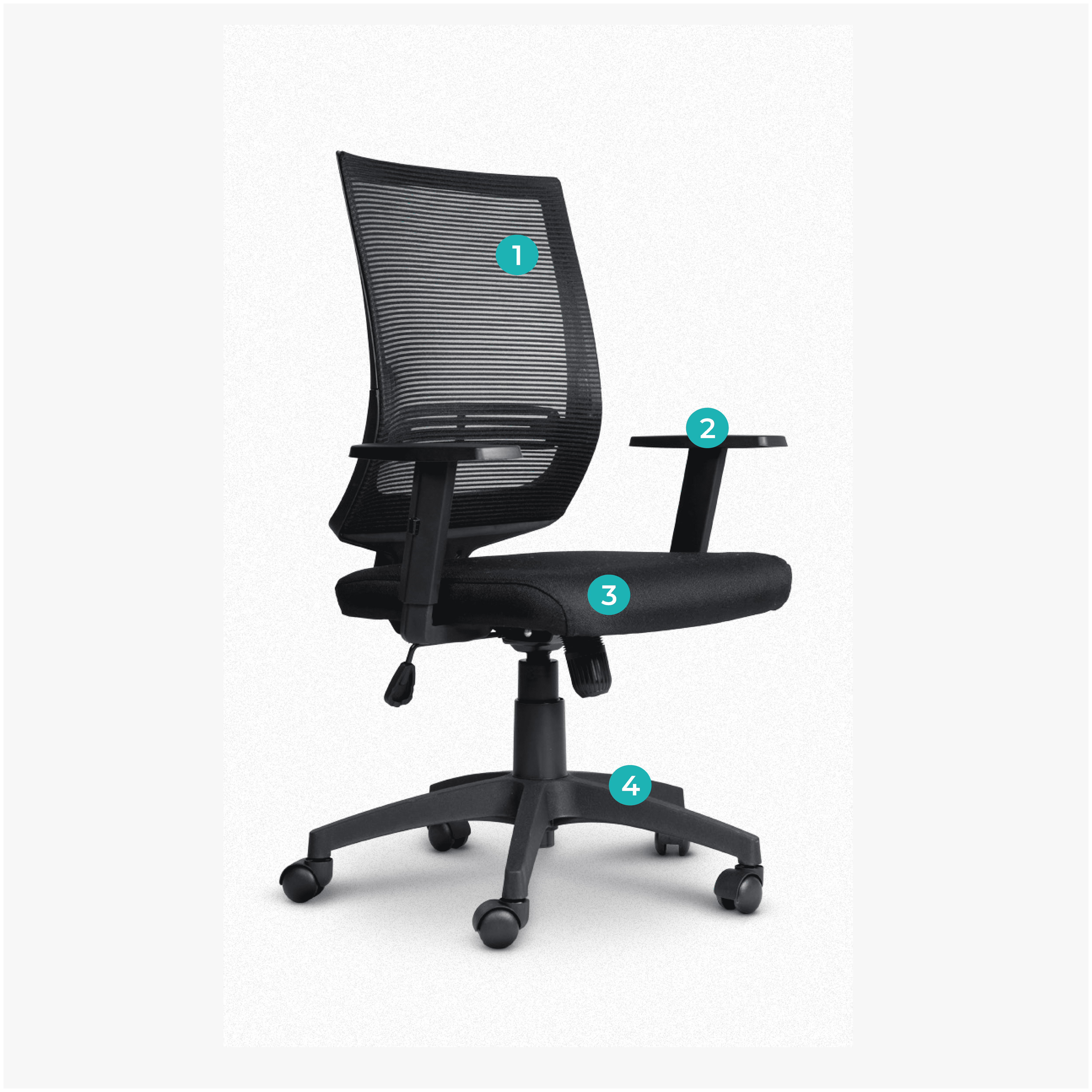 A modern ergonomic office chair with a mesh back, adjustable armrests, and a rolling base.