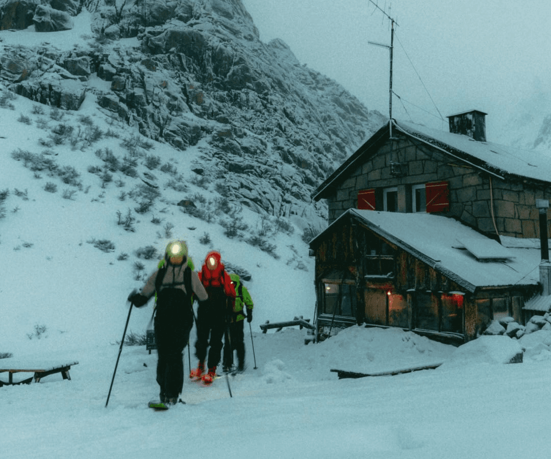 Group of touring skiers in the mountais nearby a refugio