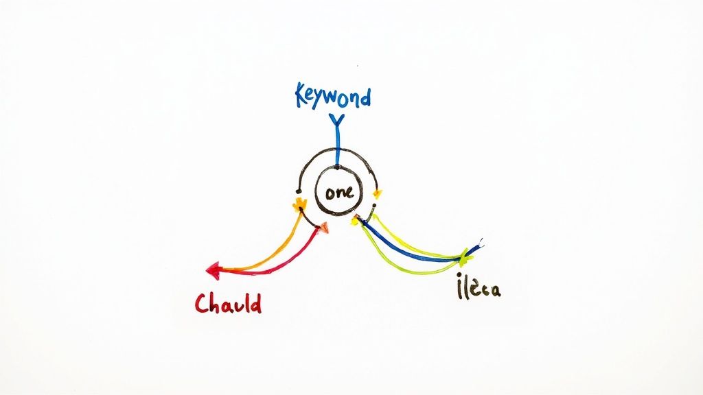 A hand-drawn concept map diagram with 'one' at the center, connected to 'Keyword', 'Chaud', and 'ileca' by arrows.