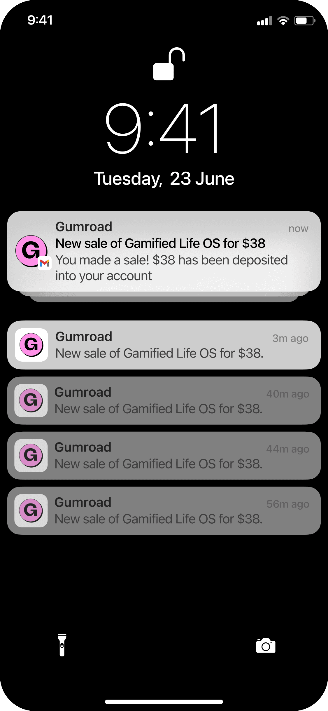 An iPhone lockscreen with several notifications from the Gumroad app, notifying the user that they have made several new sales of Gamified Life OS.