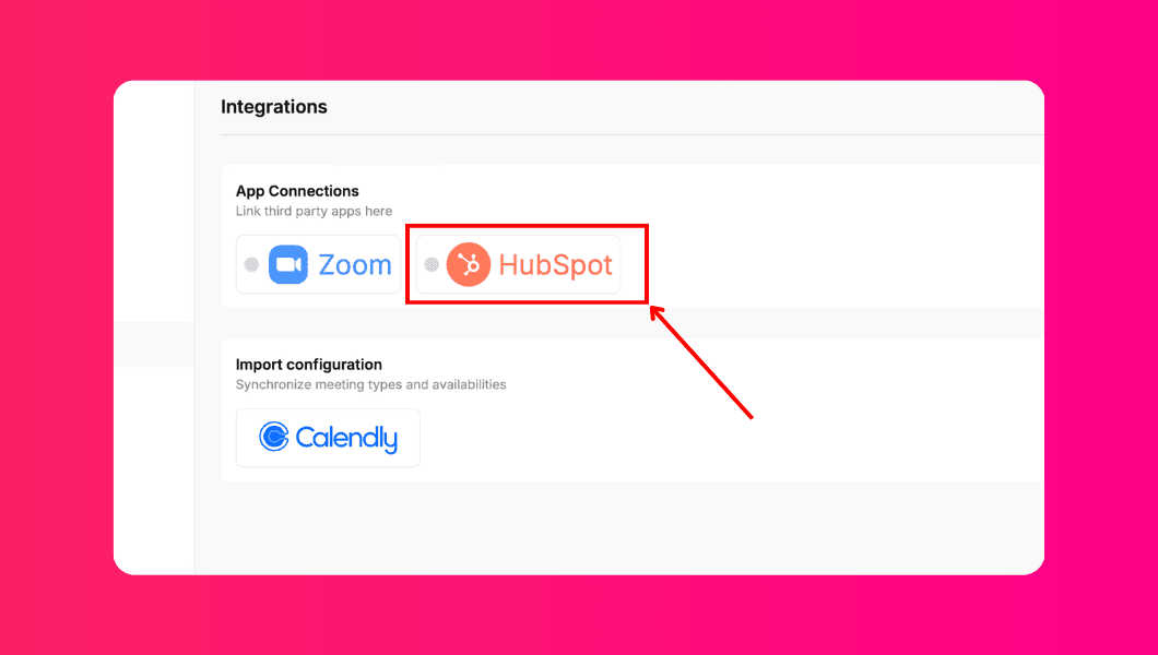 Warmcal integrations page with arrow pointing at the HubSpot integration option