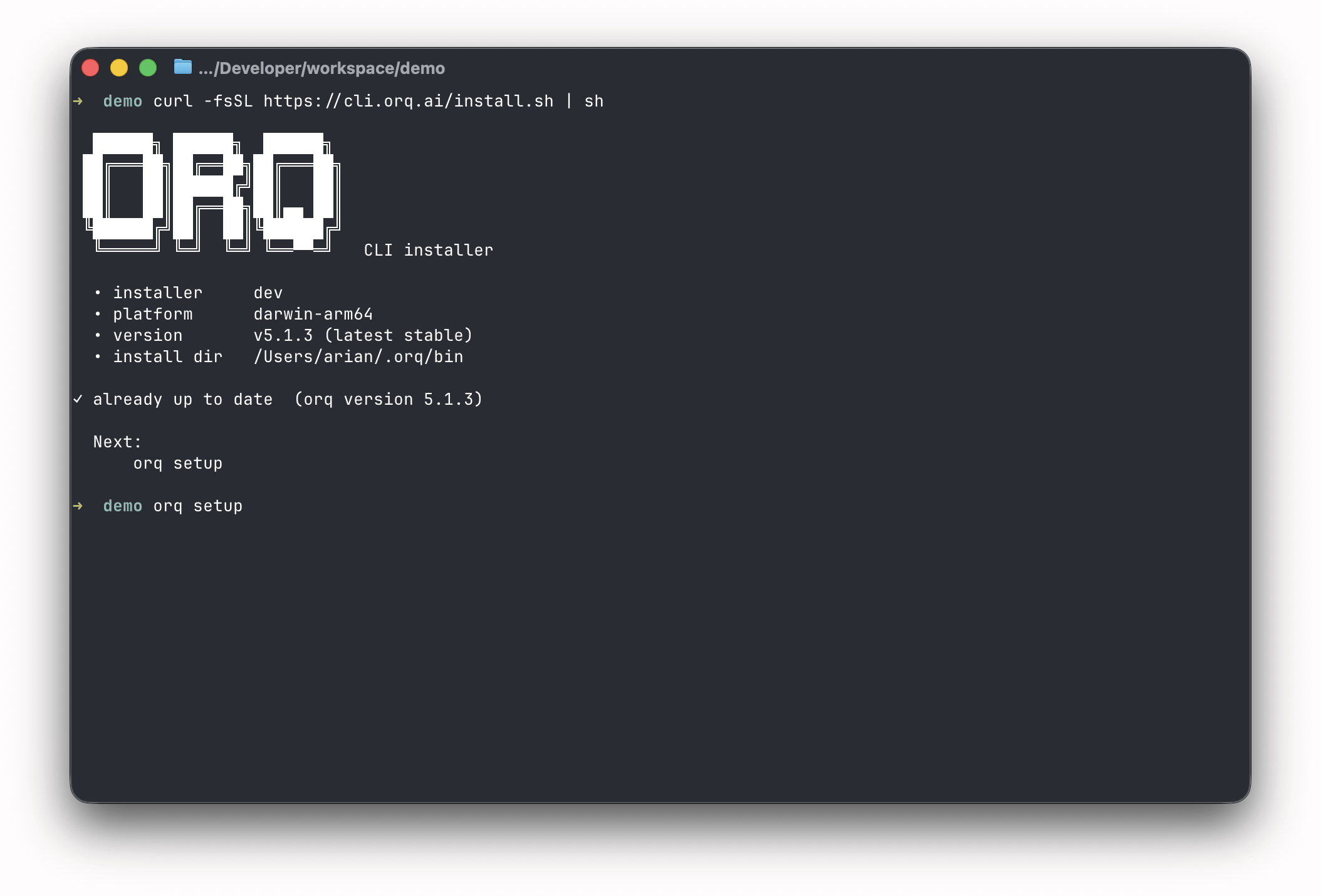 Installing the Orq.ai CLI and running orq setup
