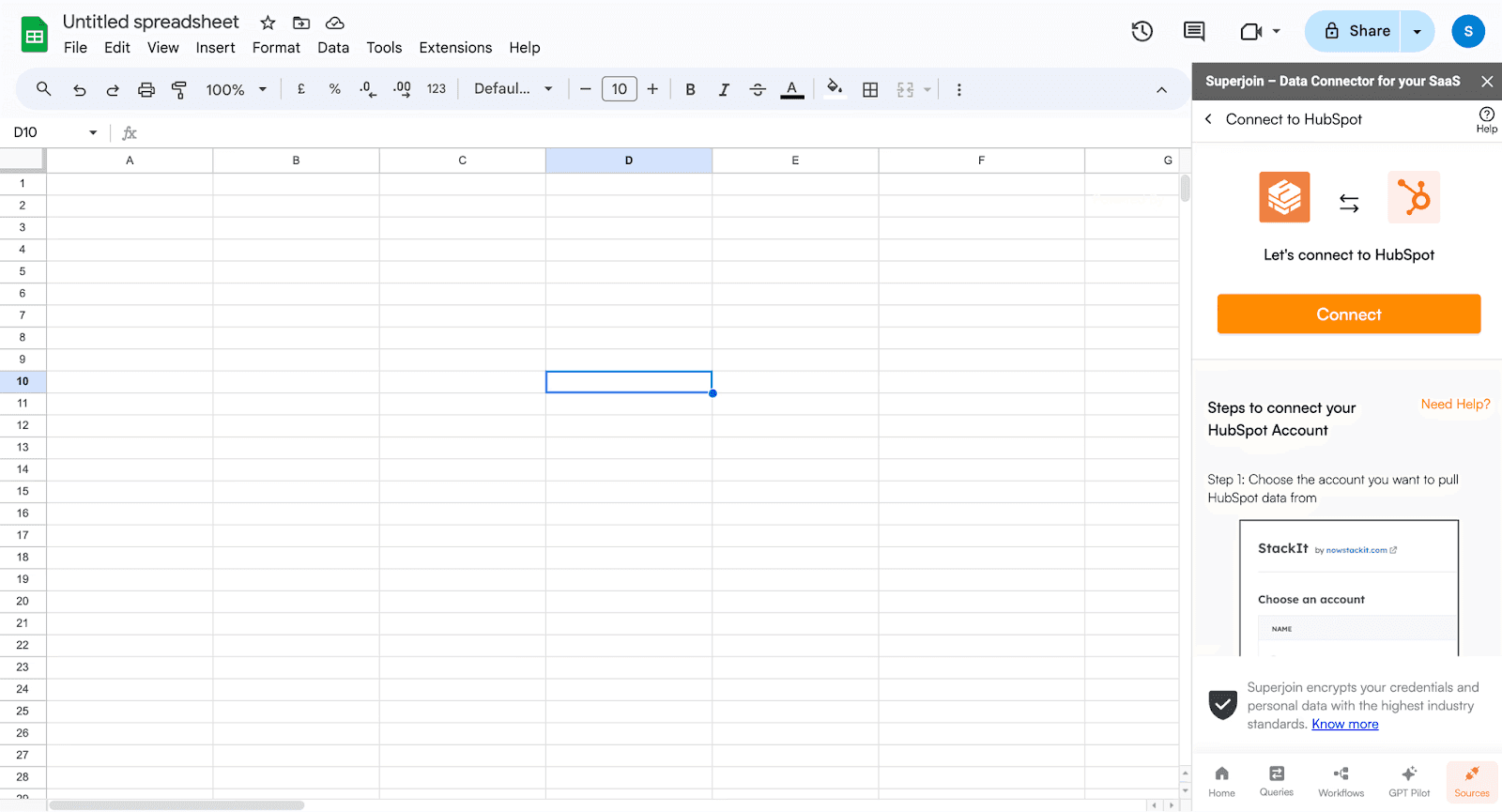 Click on Connect: Click on Connect and follow the on-screen instructions to connect your HubSpot account to Google Sheets seamlessly.