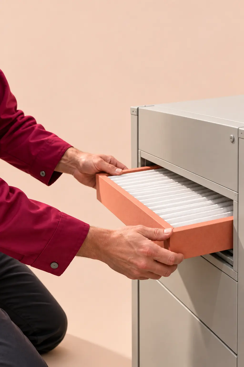 Technician sliding a new pleated filter into a furnace