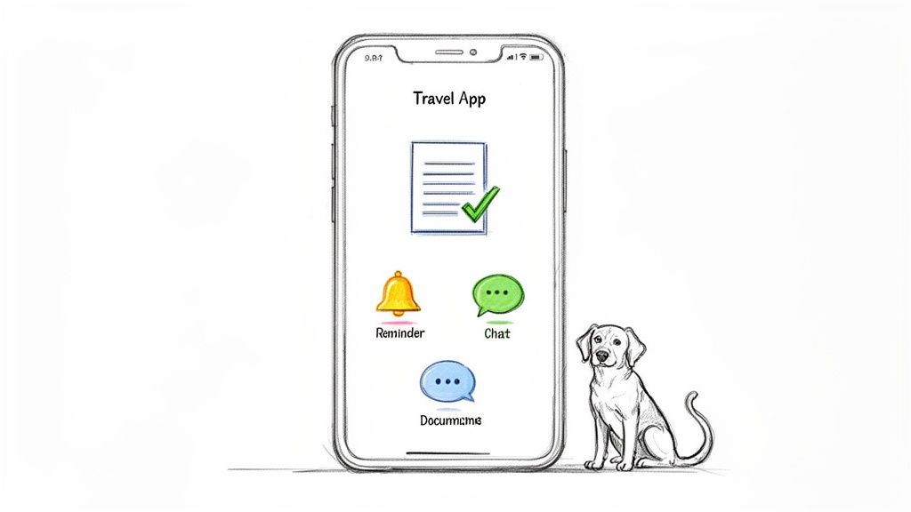 A sketched smartphone displaying a travel app interface with document, reminder, and chat icons, next to a sitting dog.