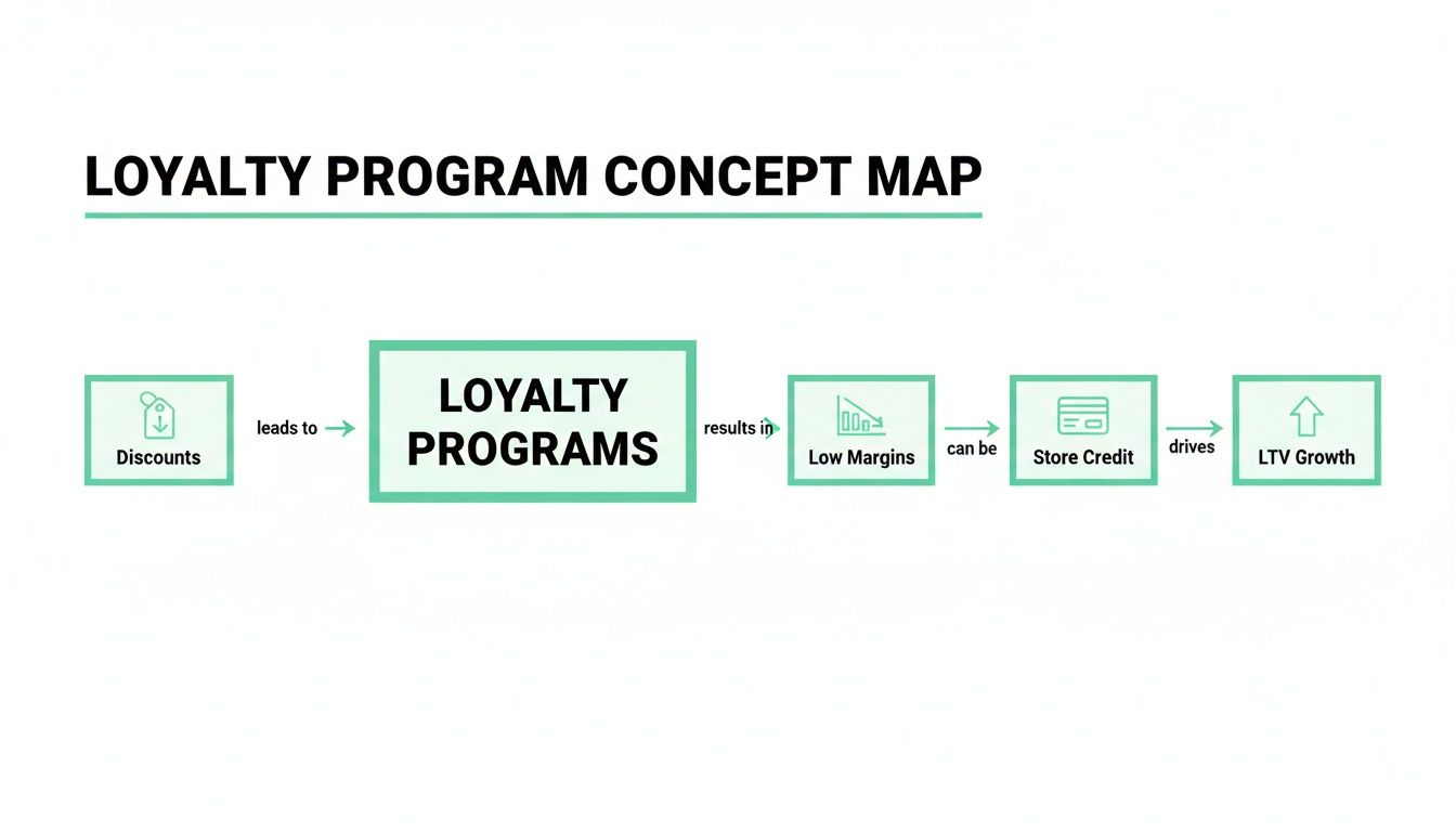 A concept map showing the flow from discounts to loyalty programs, low margins, store credit, and LTV growth.
