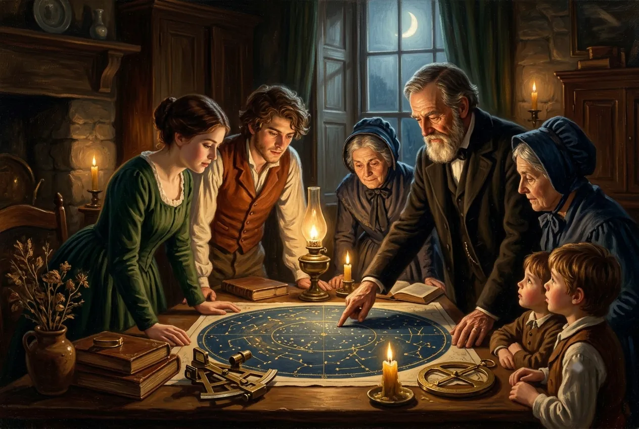 An evening class gathered around a large star chart