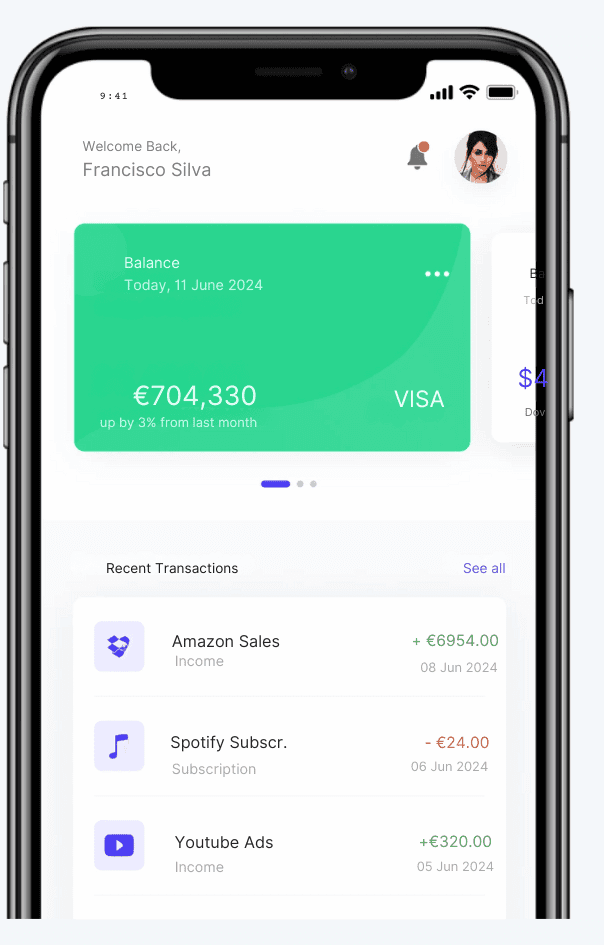 A financial app screen showing a welcome message to Francisco Silva, a balance of £704,330, and recent transactions