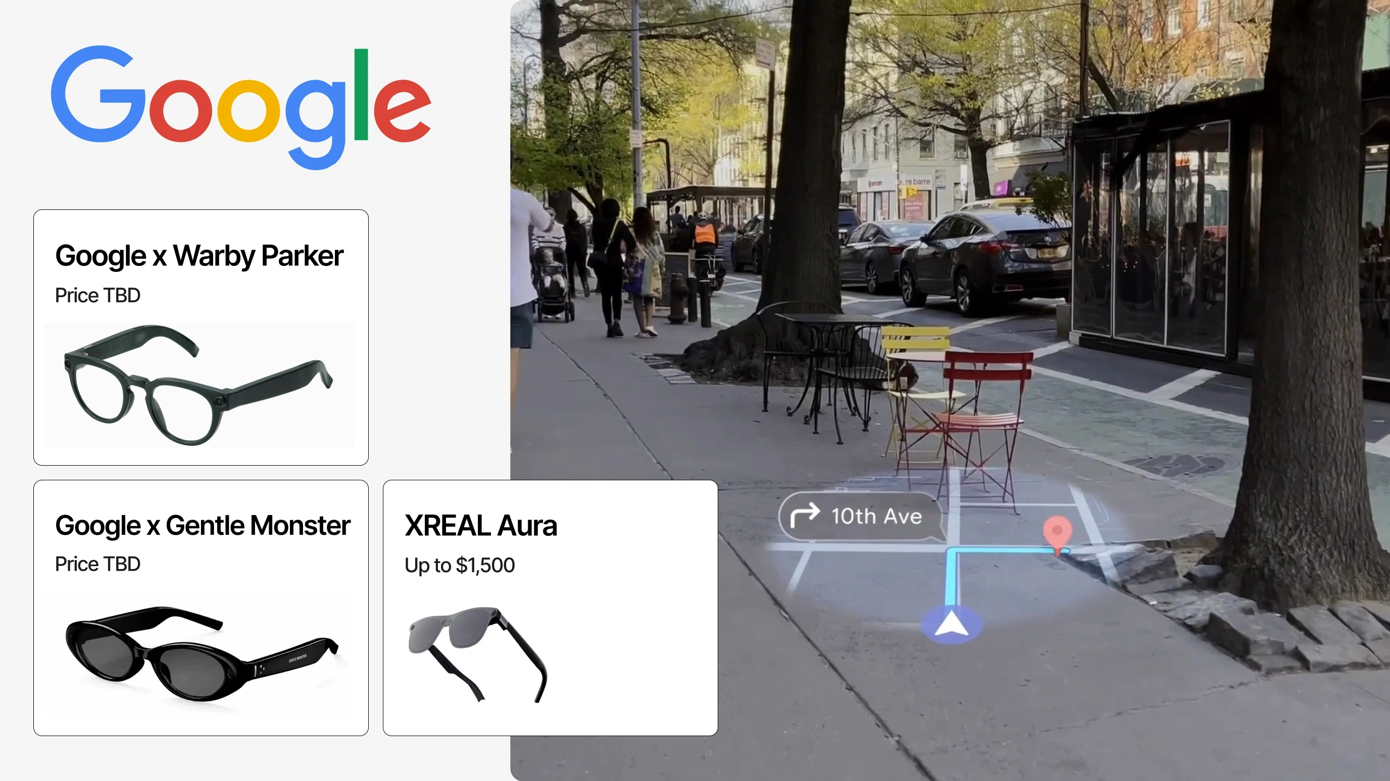 Google AI smart glasses product overview showing three upcoming models: Google x Warby Parker and Google x Gentle Monster (both price TBD) and XREAL Project Aura (price TBD), with a background photo of AR navigation arrows overlaid on a New York City street