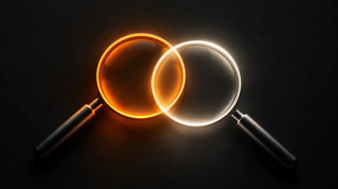 Two overlapping magnifying glasses, one orange and one white, representing search engines and AI answer engines