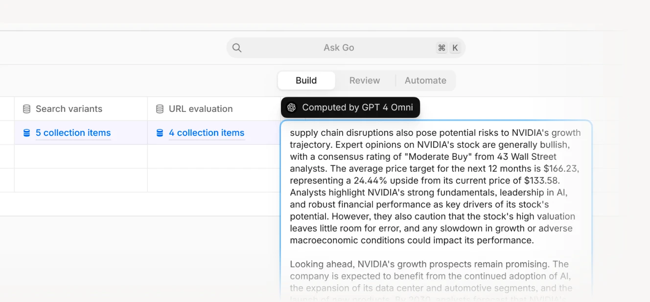 A search result interface showing AI-generated financial analysis of NVIDIA stock