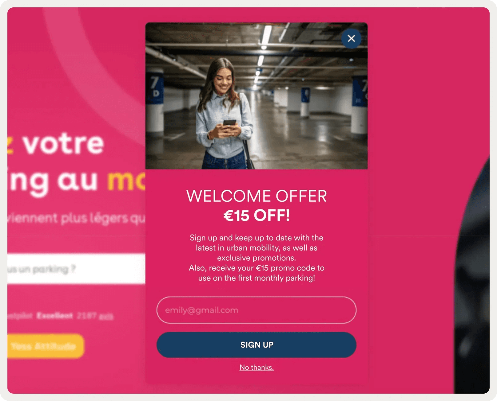 Yespark welcome offer popup showing €15 off a first monthly parking rental for new visitors.