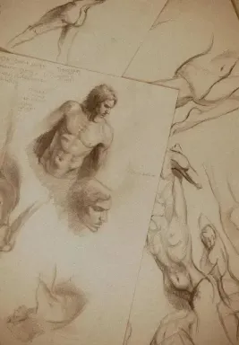 Collection of charcoal sketches of human anatomy studies.