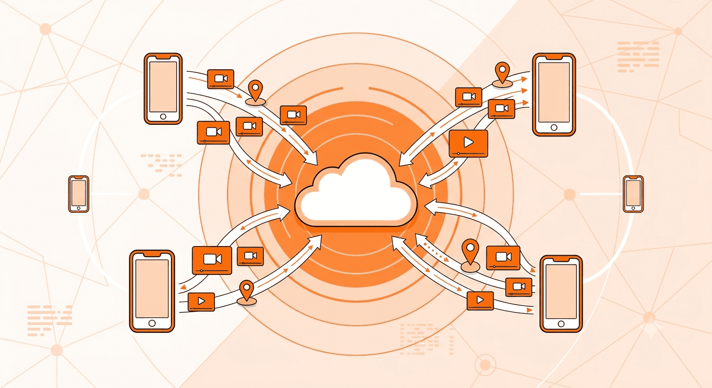 A modern, minimal digital illustration of a cloud storage icon with multiple small video-clip thumbnails and location-pin icons flowing into it from scattered phone icons, representing fragmented field footage being centralised into one searchable system. 