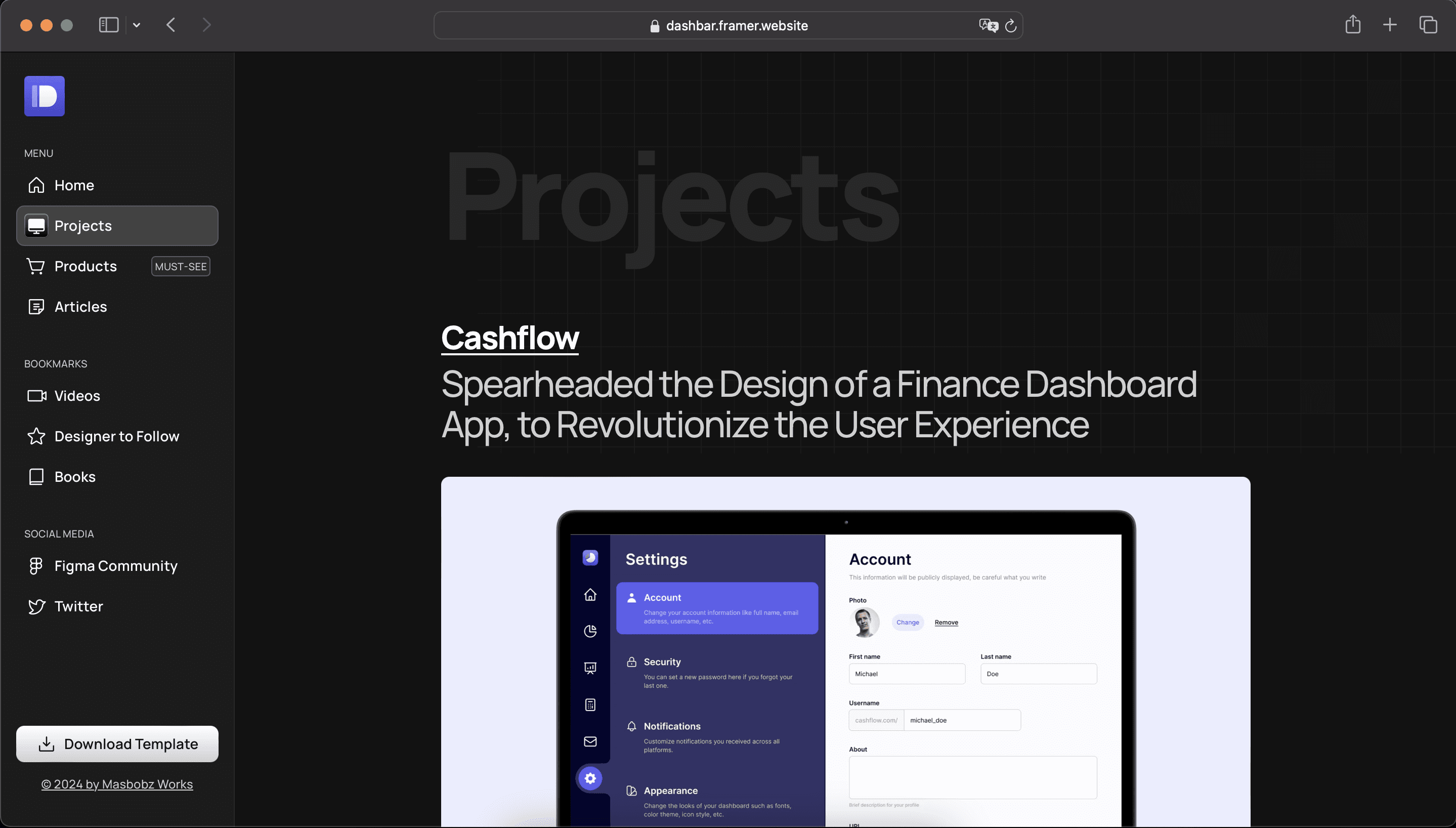 Preview of the Dashbar Framer template displayed on Safari browser