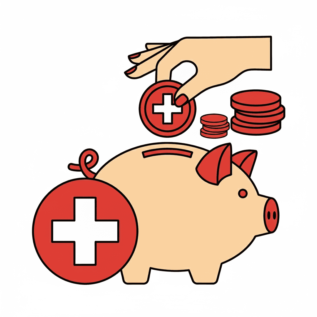 Hand legt Münze mit weißem Kreuz in Sparschwein, daneben Stapel roter Münzen mit weißem Kreuz.