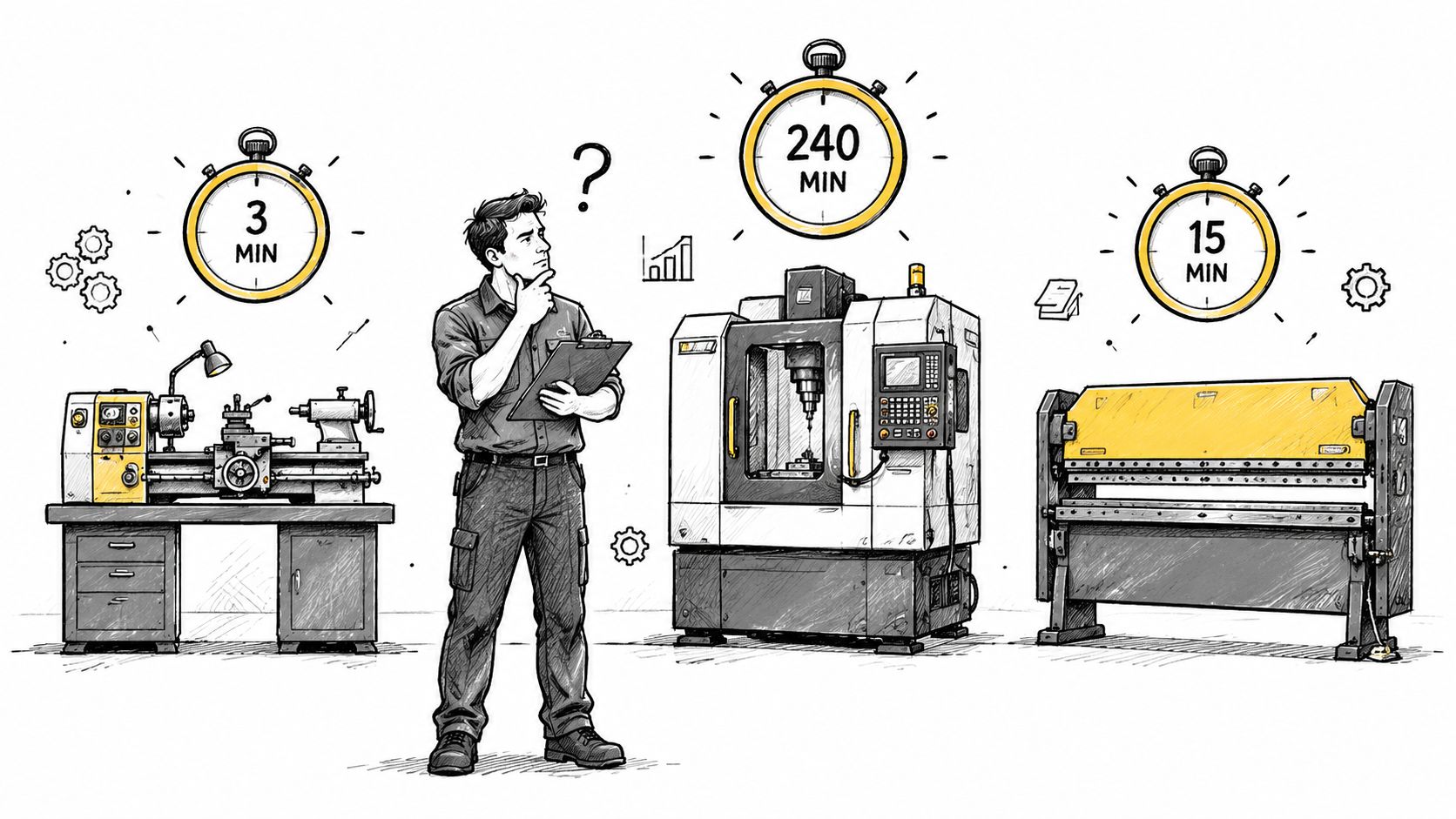A technician standing between industrial manufacturing machines with stopwatch icons showing different time estimates for tasks.