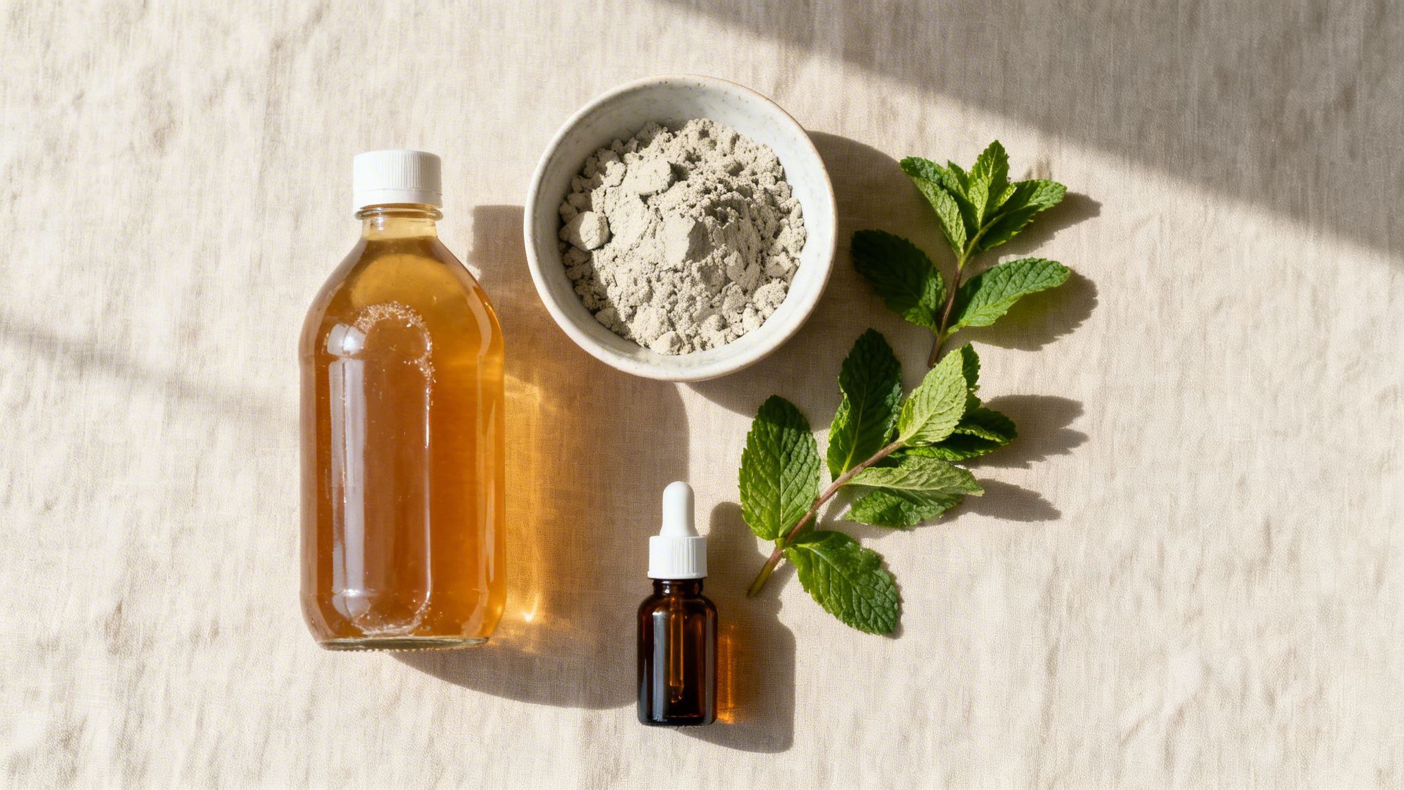 Overhead shot of a bottle, a bowl of clay, an oil dropper, and fresh mint leaves on a light fabric.