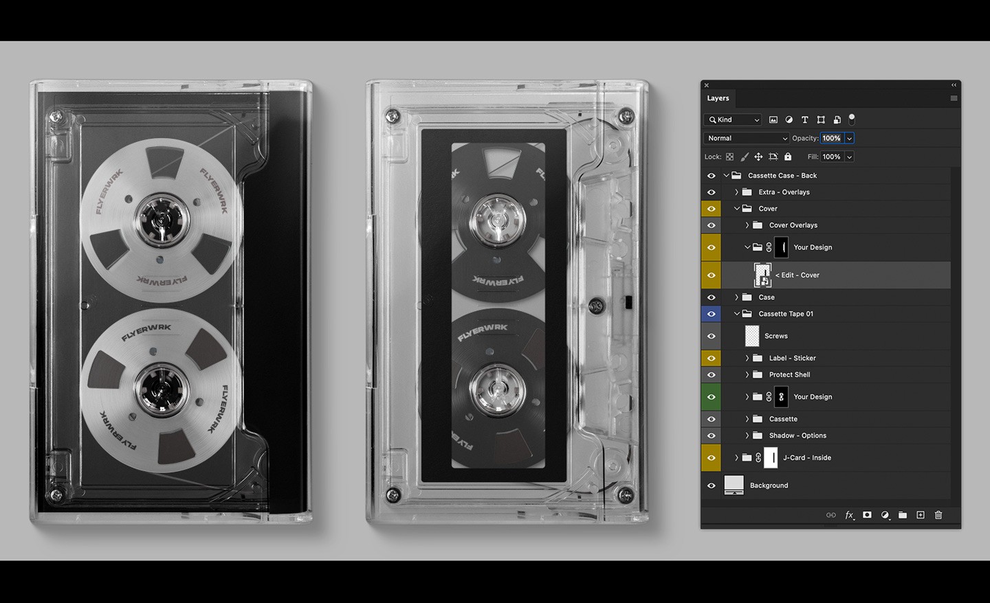Cassette case mockup Photoshop layers panel with editable cassette tape design