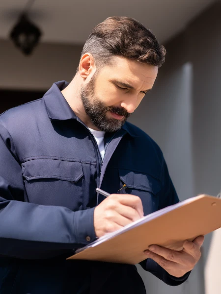 HVAC Worker reviewing clipboard