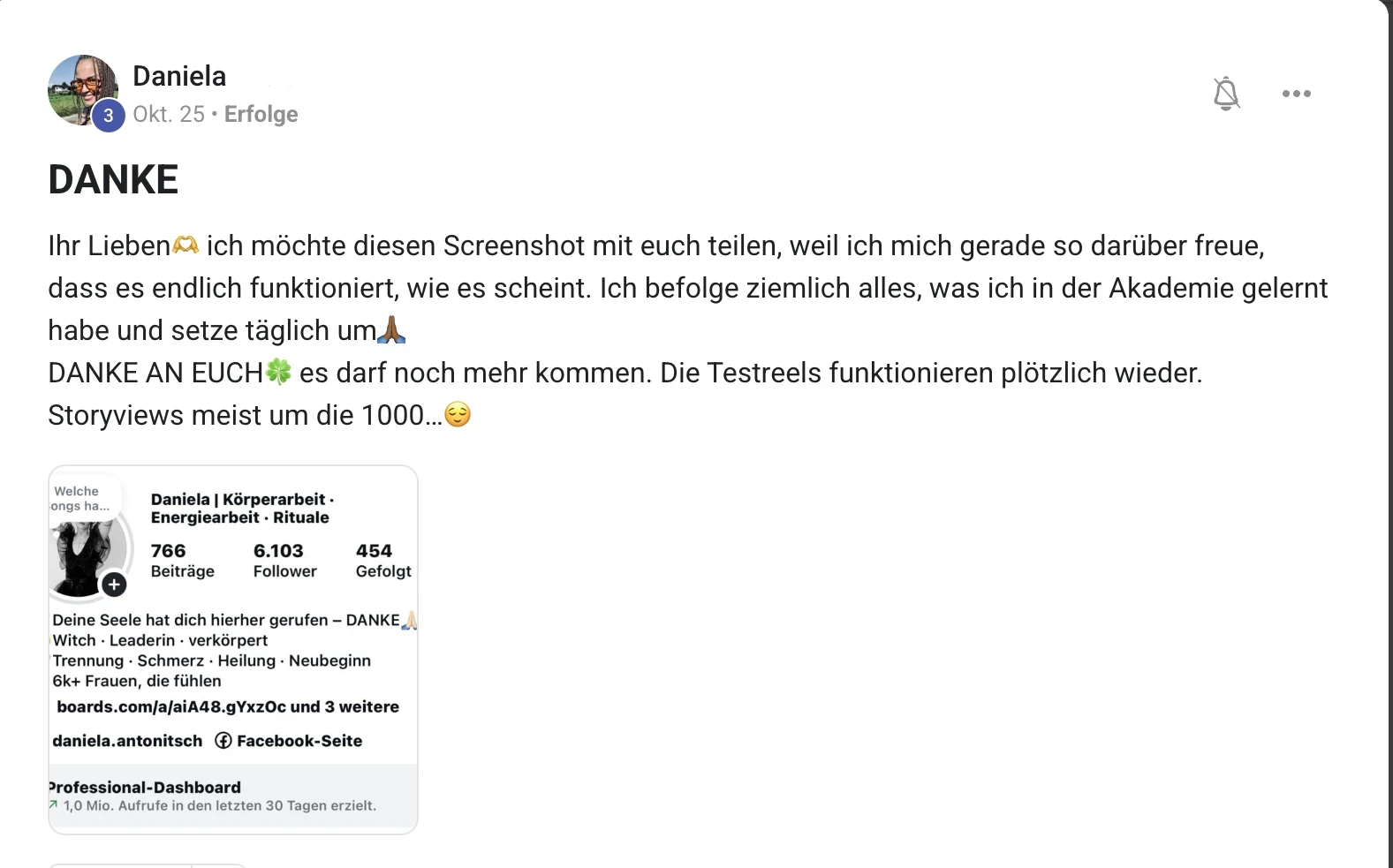 Mitglied der KI Creator Akademie: Daniela bedankt sich für 1 Million Aufrufe in 30 Tagen